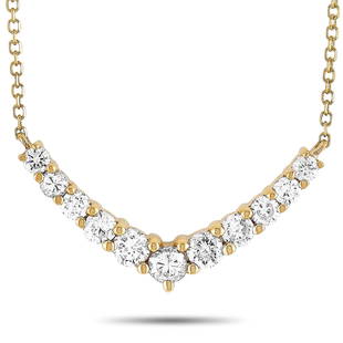 18K Yellow Gold 0.50 ct Diamond Pendant Necklace: This necklace is crafted from 18K yellow gold and weighs 2.5 grams. It is presented with a 15 chain and a pendant that measures 0.45 in length and 0.87 in width. The necklace is embellished with