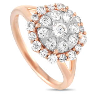 14K Rose Gold 1.00 ct Diamond Ring Size 7.0: The 14K Rose Gold 1.00 ct Diamond Ring is an elegant ring with an extremely romantic look. Set high on four rose gold prongs is a round centerpiece encrusted with round diamonds in flower