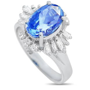 Platinum 0.47 ct Diamond and Sapphire Ring Size 5.0: This ring is crafted from platinum and weighs 6 grams, boasting band thickness of 2 mm and top height of 10 mm, while top dimensions measure 15 by 11 mm. The ring is set with a 2.52 ct sapphire and