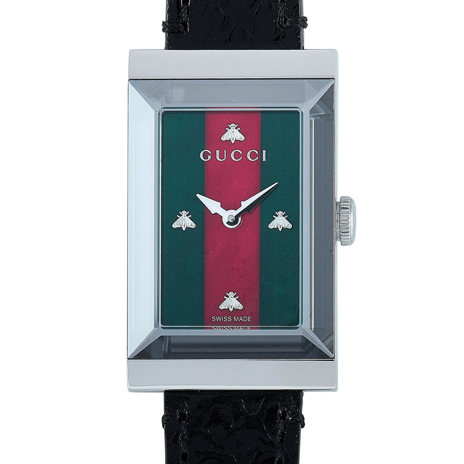 Gucci GFrame GreenRed Mother of Pearl Dial Watch: The Gucci GFrame watch, reference number YA147403, is presented with a 21 by 34 mm stainless steel case that is waterresistant to 30 meters. The case is mounted onto a black leather strap fitted with 