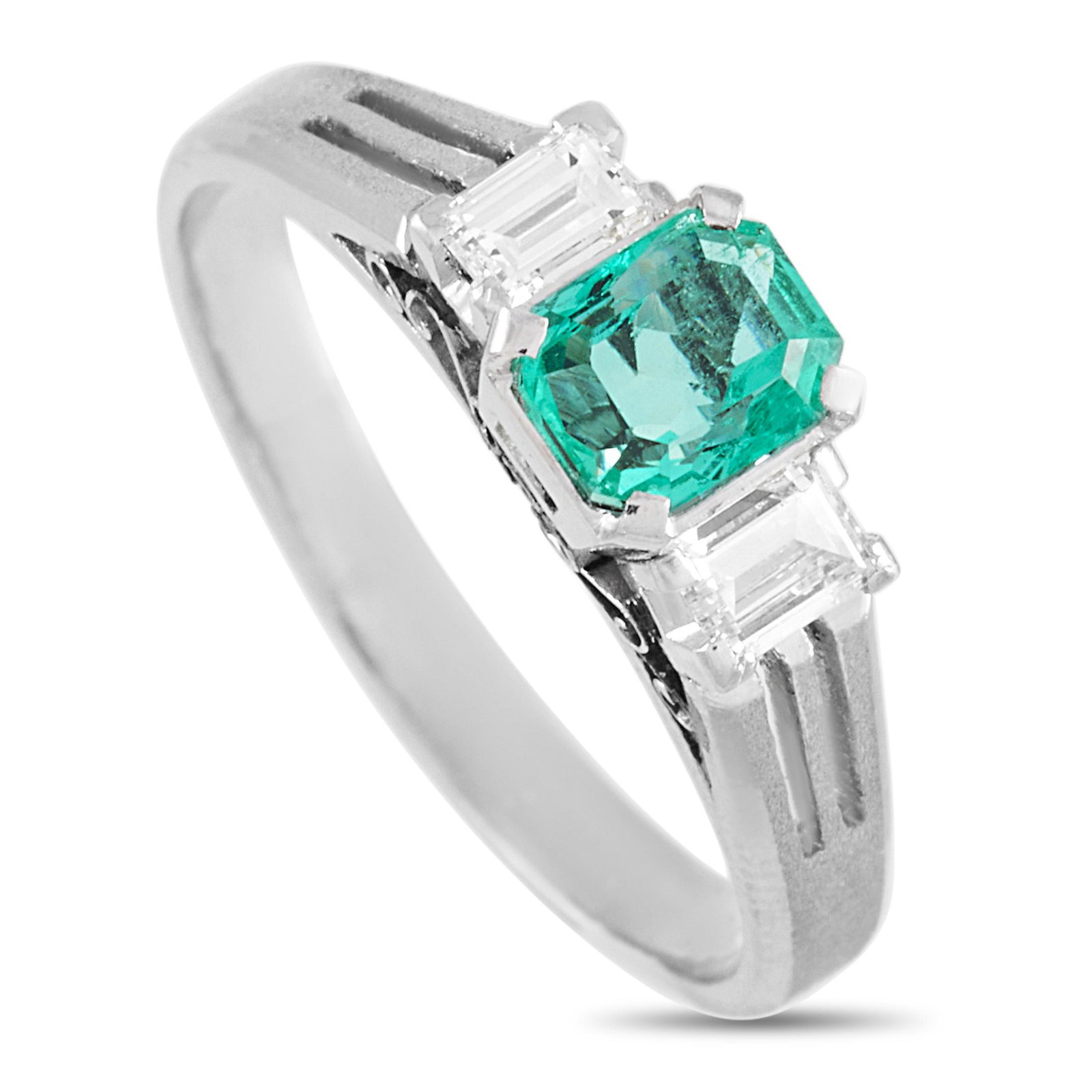 Platinum 0.23 ct Diamond and Emerald Ring Size 5.0: This ring is crafted from platinum and weighs 3.4 grams. It boasts band thickness of 2 mm and top height of 7 mm, while top dimensions measure 4 by 9 mm. The ring is set with a 0.53 ct emerald and a t