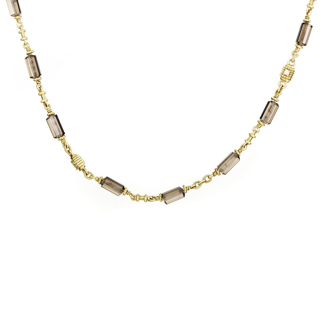 Judith Ripka Women's 18K YG Diamond Quartz Necklace: Made of intricately ornamented 18K yellow gold and enchanting smoky quartz stones of appealing shape and compelling nuance, this spellbinding necklace from Judith Ripka also boasts a delicate 0.10ct d