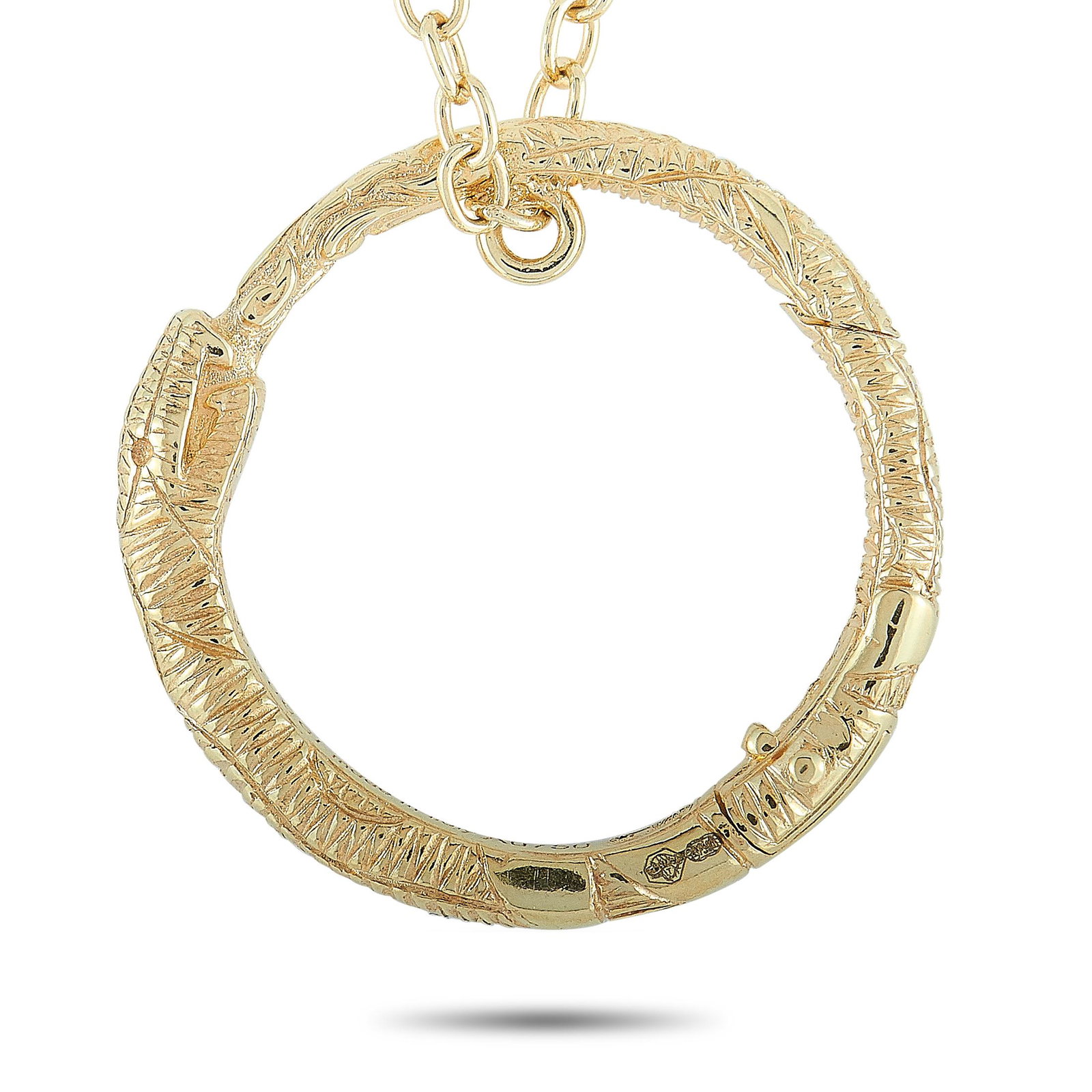 Gucci Ouroboros 18K Yellow Gold Snake Motif Necklace: The Gucci Ouroboros necklace is made of 18K yellow gold and weighs 7 grams. The necklace boasts a 23 chain and a pendant that measures 0.70 in length and 0.70 in width. The pendant is designed with a 