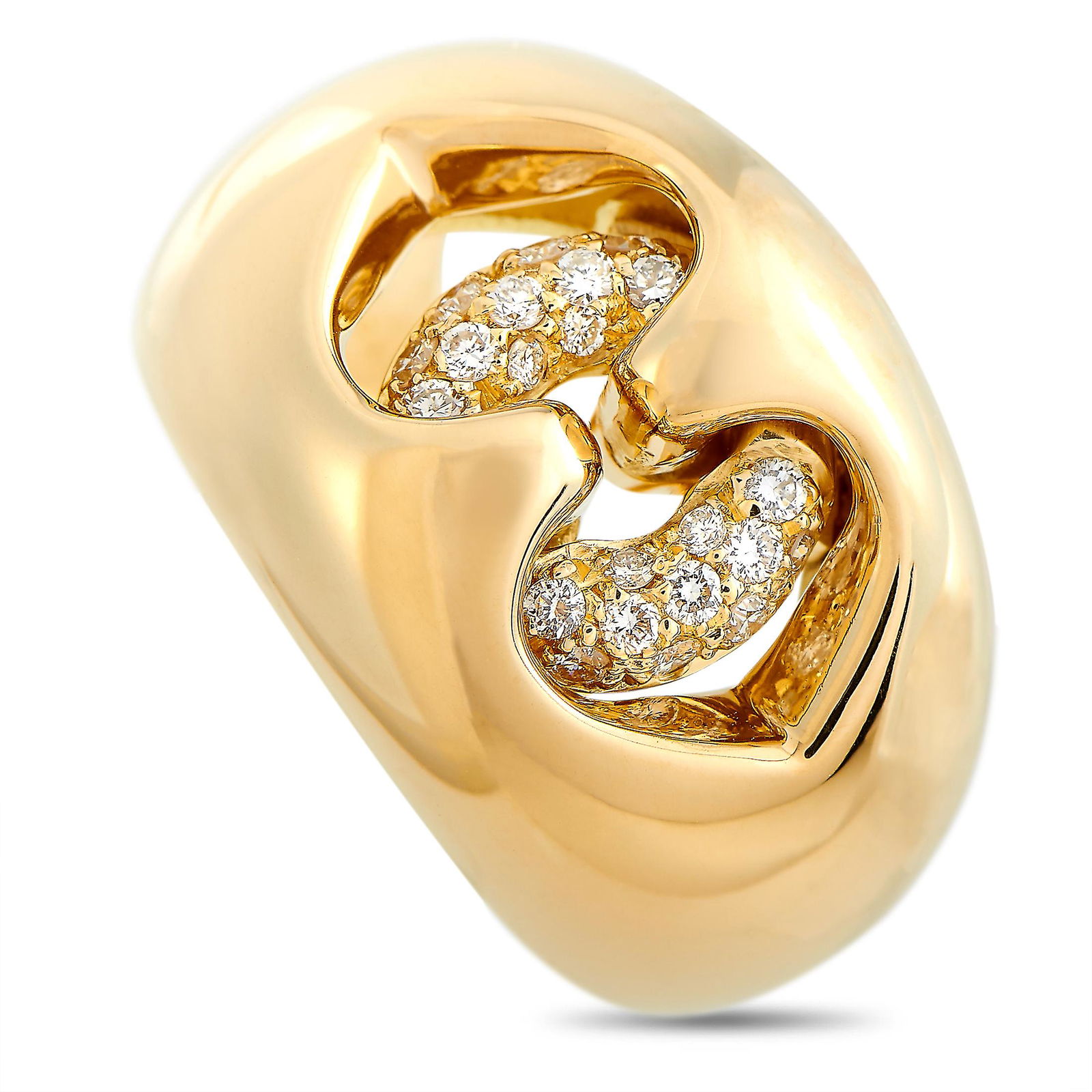 Bvlgari 18K Yellow Gold 0.30 ct Diamond Ring Size 4.5: This Bvlgari ring is made of 18K yellow gold and embellished with diamonds that amount to 0.30 carats. The ring weighs 15.3 grams and boasts band thickness of 3 mm and top height of 5 mm, while top di