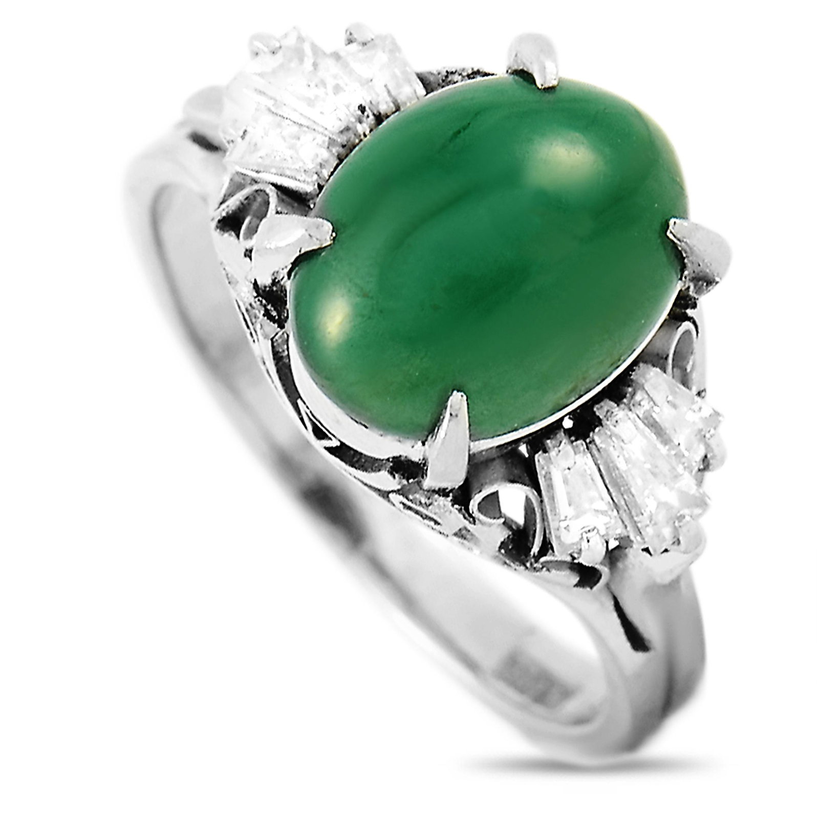Platinum 0.28 ct Diamond and Jade Ring Size 5.5: This ring is crafted from platinum and weighs 5.9 grams. It boasts band thickness of 2 mm and top height of 10 mm, while top dimensions measure 19 by 11 mm. The ring is set with a 3.00 ct jade and a t