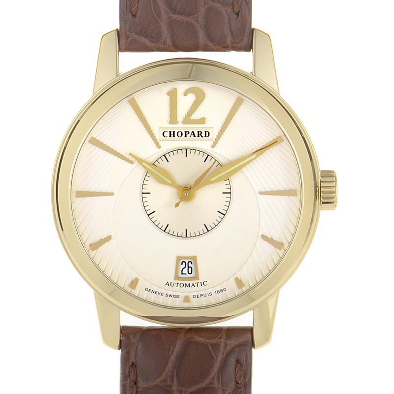 Chopard L.U.C. Classic Twin 1618800001: Class, sophistication, and elegance all come to mind when one views this timepiece from Chopard's L.U.C. collection. The watch's round case is made of 18K yellow gold and features a silver sunray dial