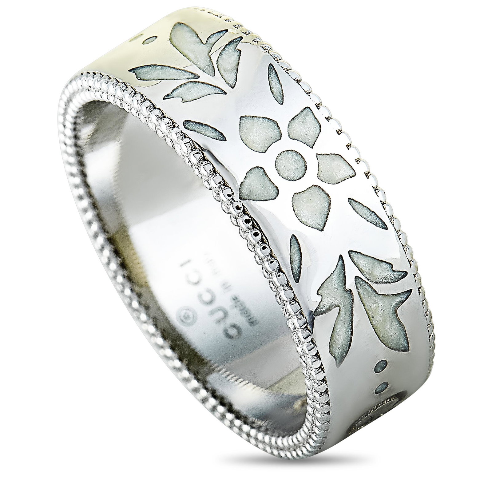 Gucci Icon Blossom 18K WG and White Enamel Ring - 6.0: The Icon Blossom ring by Gucci is made out of 18K white gold and white enamel and weighs 6.1 grams, boasting band thickness of 5 mm. The ring is offered in brand new condition. Size 6.0