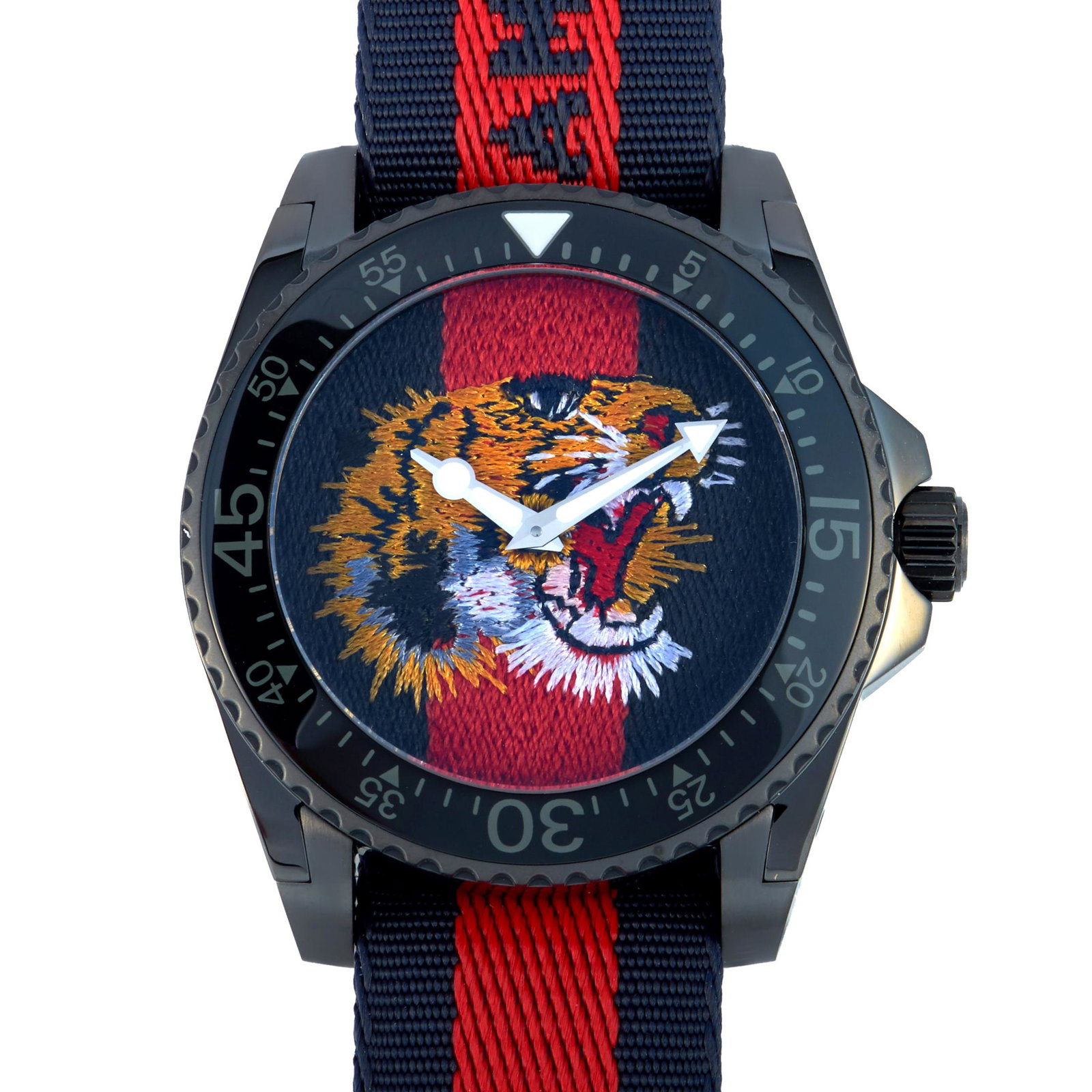 Gucci Dive Tiger Embroidered Dial Watch YA136215: The Gucci Dive watch, reference number YA136215, is presented within the exquisite Dive collection. It boasts a 45 mm black PVDplated stainless steel case that is fitted with a unidirectional rotating