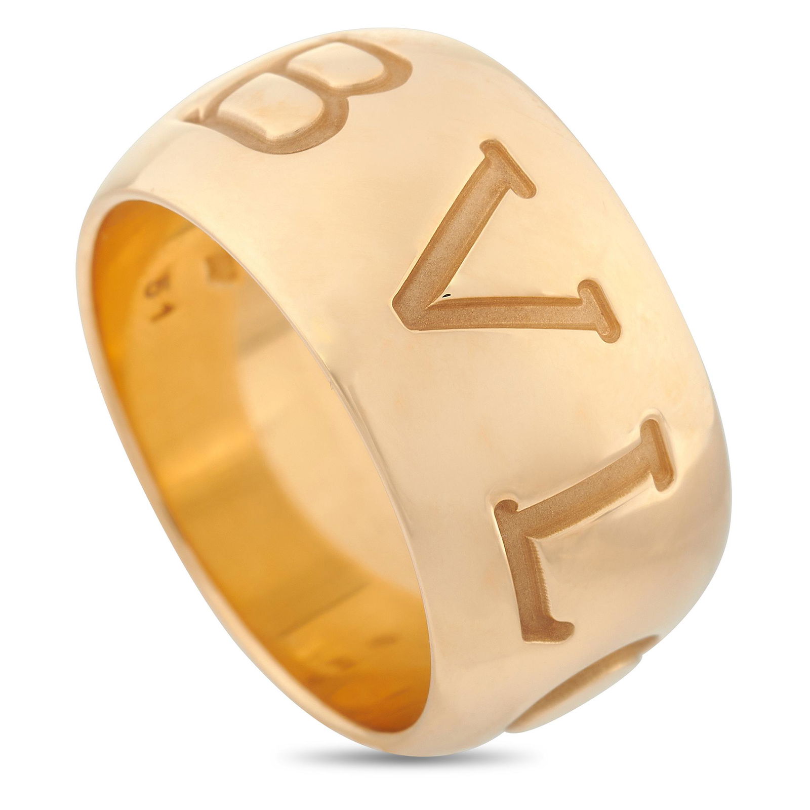 Bvlgari Monologo 18K Yellow Gold Ring Size 5.5: A meticulously crafted piece of jewelry made in Italy from Italian luxury brand, Bvglari. The Monology ring is sculpted from 18K yellow gold and engraved with the brand's logo. The band is 10mm wide m