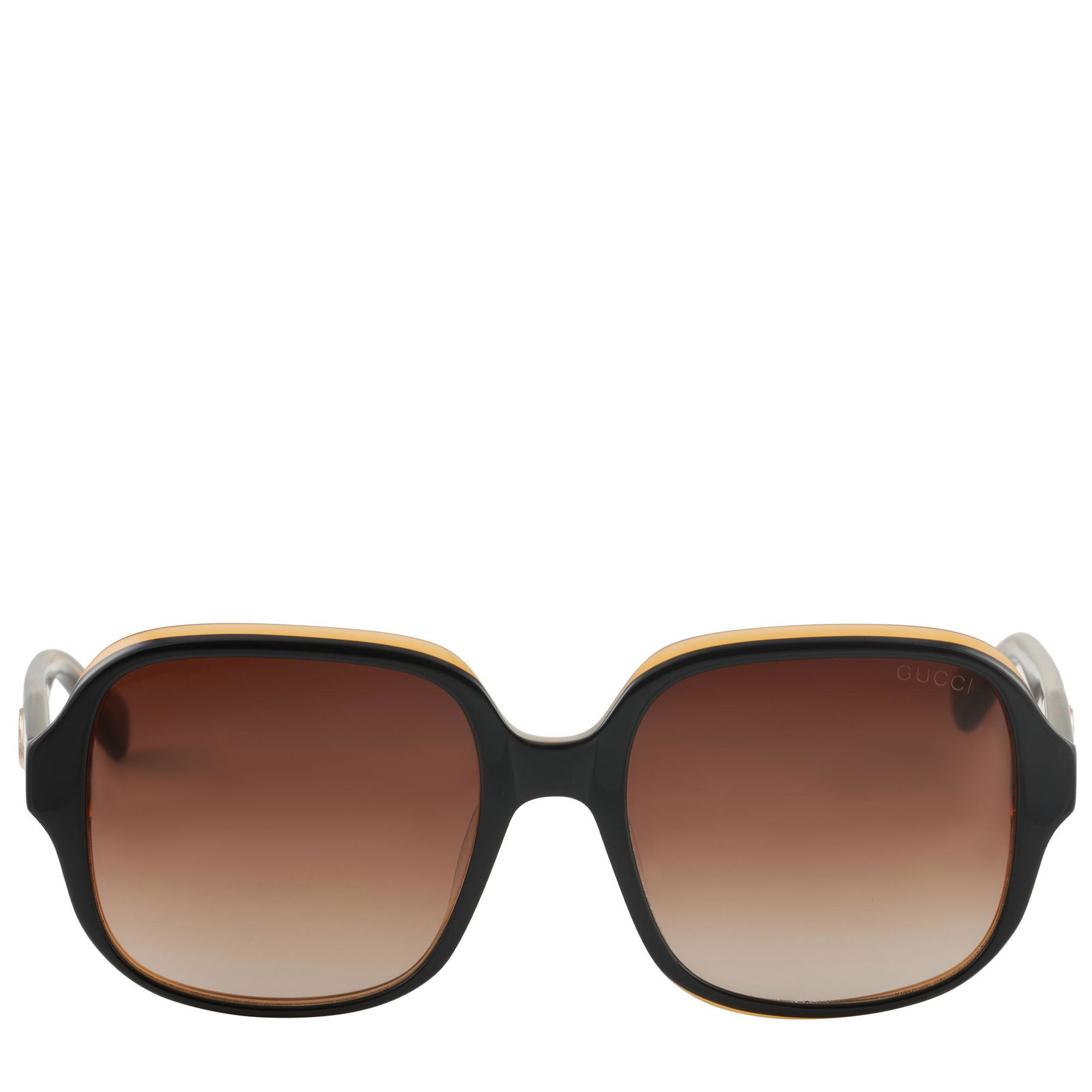 Gucci Black and Brown Square Sunglasses GG0821 C3: These Gucci sunglasses are offered in black with brown accents and boast goldtone interlocking GG logos on the arms. The sunglasses feature lens size of 57 mm and bridge length of 19 mm, while the arm