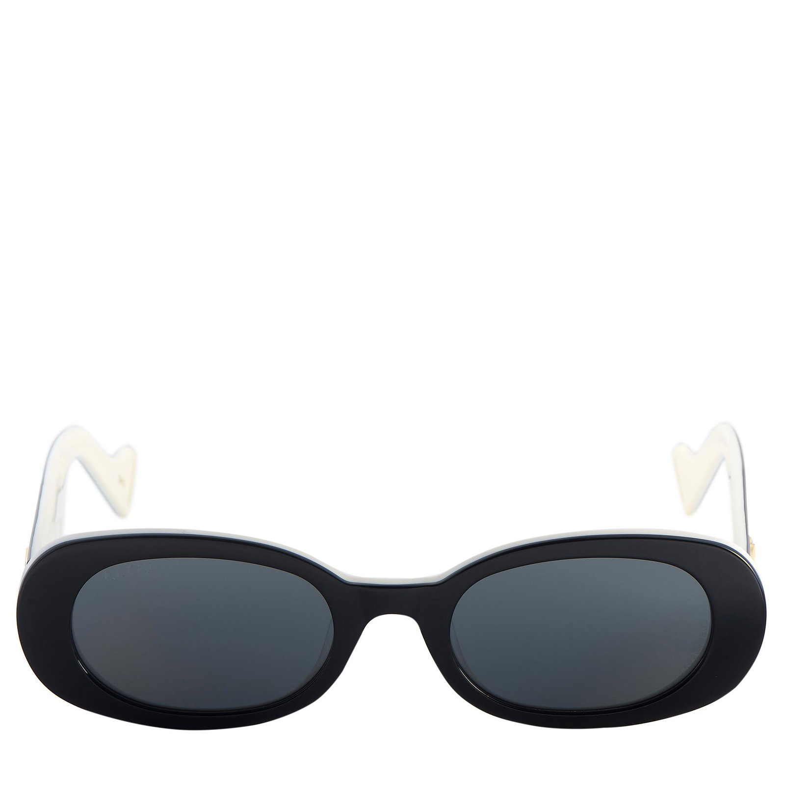 Gucci Black and White Oval Sunglasses GG0517S: These Gucci sunglasses are presented in black and white and feature oval frames. The arms boast large goldtone interlocking GG motifs. The sunglasses feature lens size of 52 mm and bridge length of 23