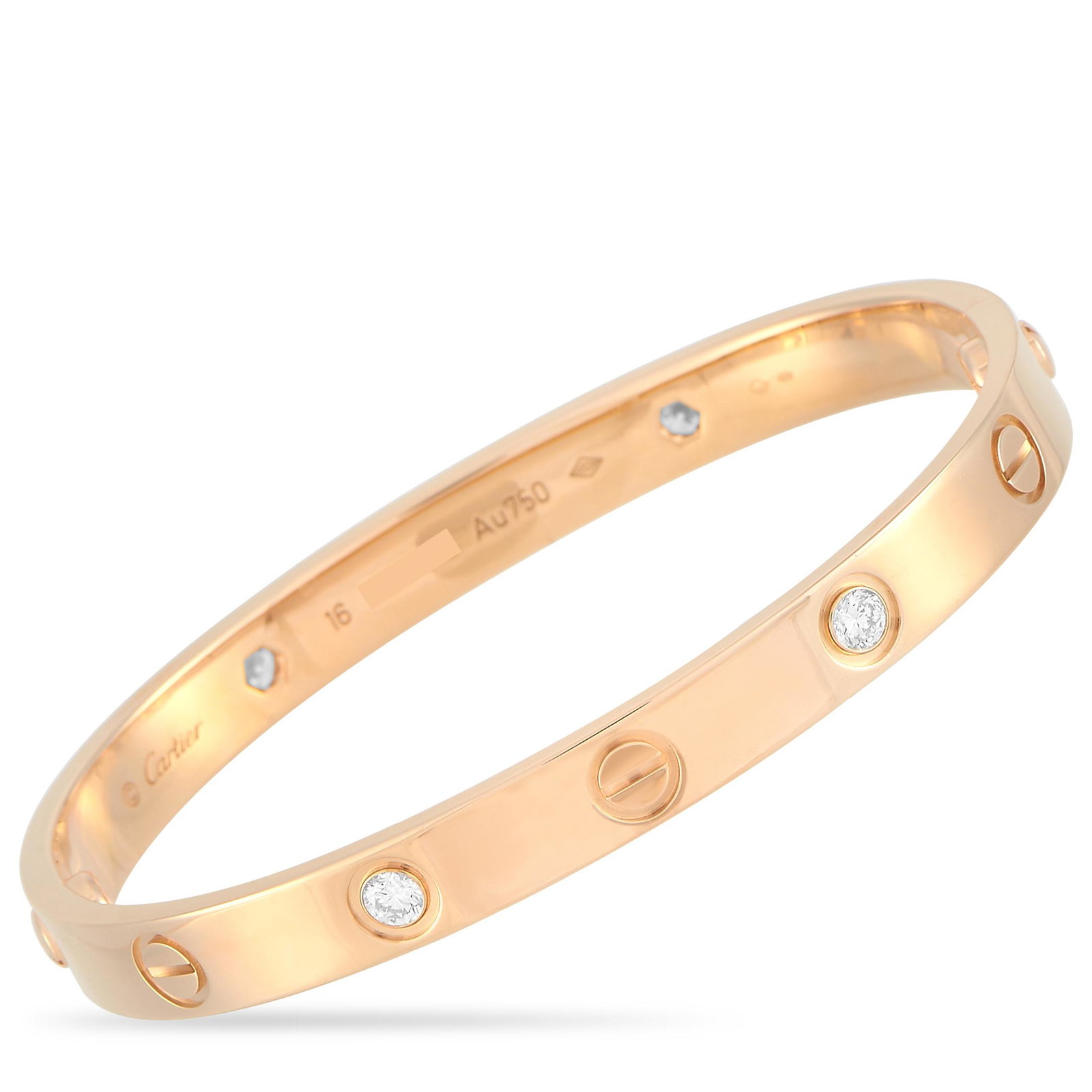 Cartier LOVE 18K RG 4 Diamond Bracelet & Screwdriver 16: The Cartier LOVE bracelet is made of 18K rose gold and set with four diamond stones. The bracelet weighs 27.9 grams and measures 6.75 in length. It is delivered with a screwdriver. This jewelry piece 
