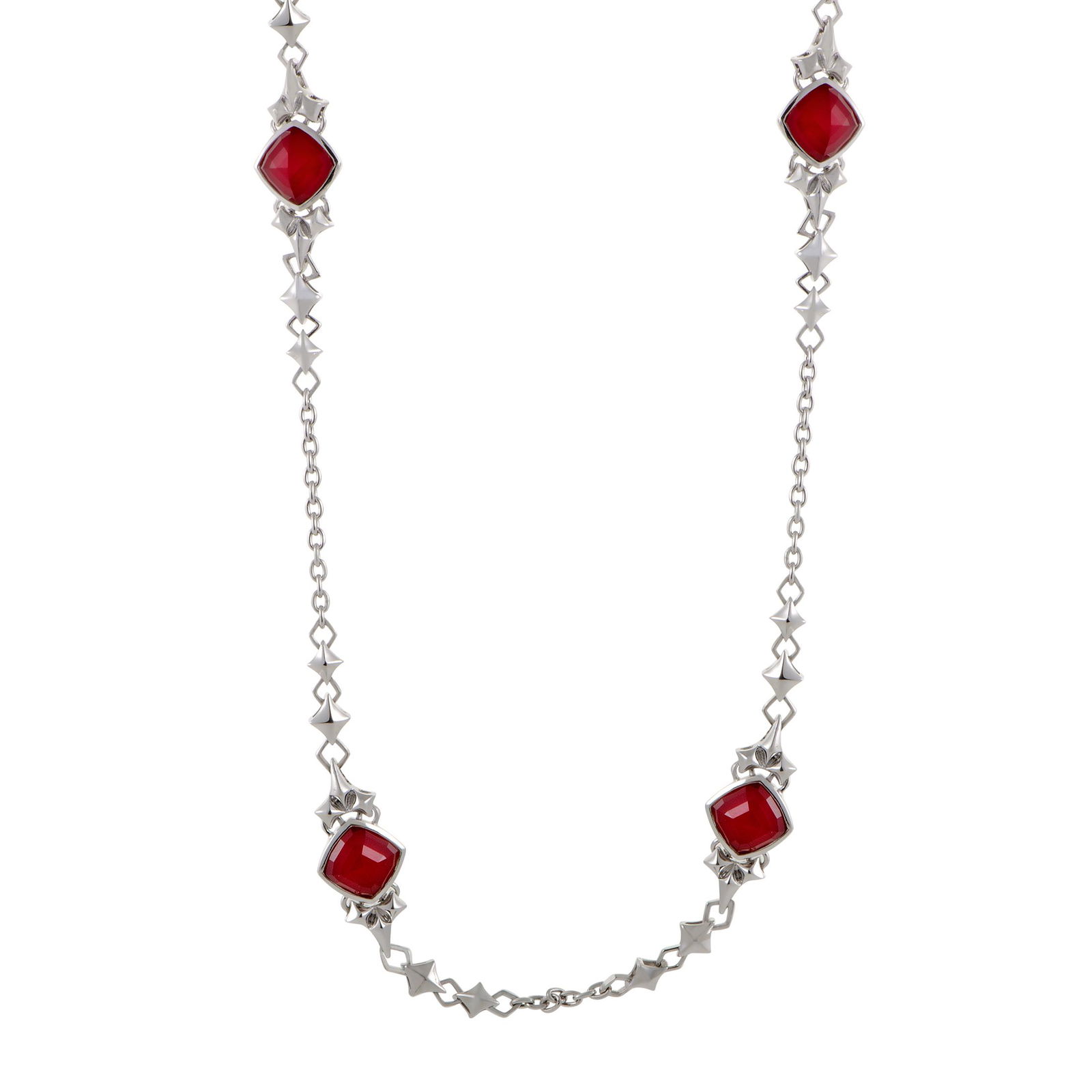 Stephen Webster Superstud Silver Coral, Quartz Necklace: Standing out in brilliant fashion against the wonderfully bright backdrop of white rhodiumplated silver and quartz, the amazing synthesized red coral stones lend their passionate spirit to this marvel