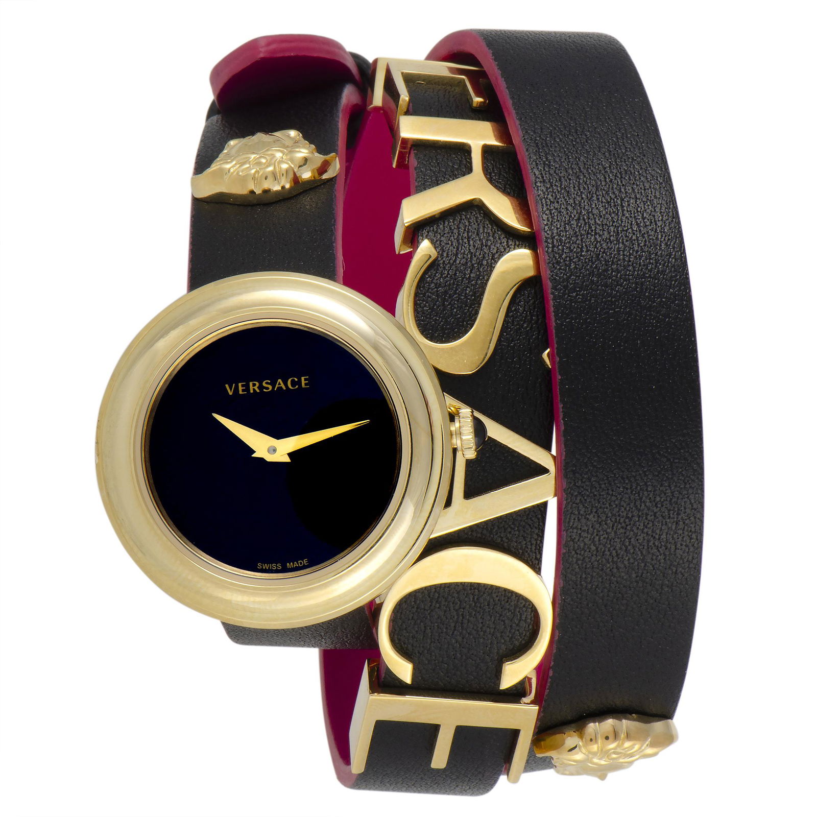 Versace VFlare Quartz Watch VEBN00218: The Versace VFlare watch, reference number VEBN00218, comes with a 28 mm stainless steel case that offers water resistance of 30 meters. The case is presented on a black leather strap fitted with a ta