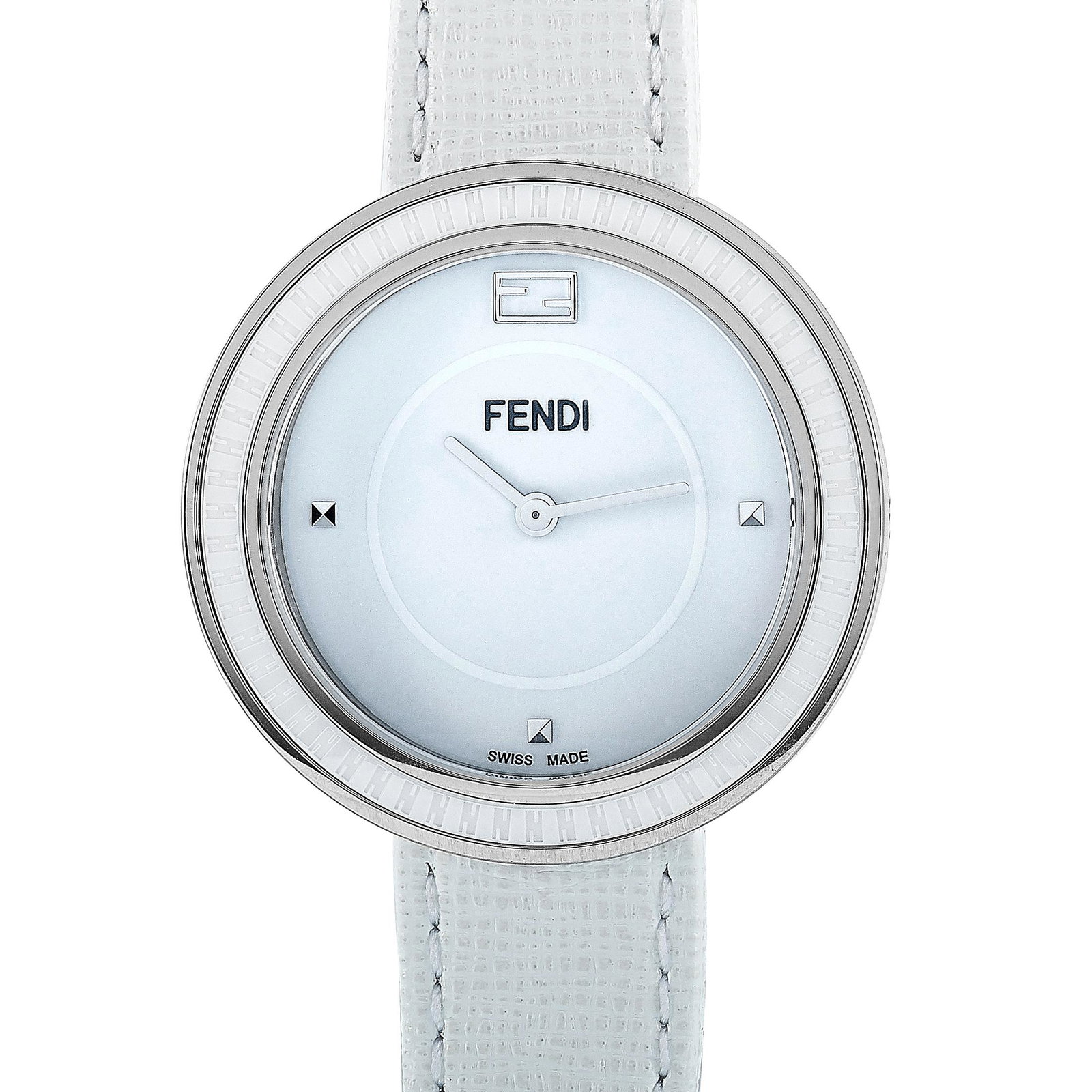 Fendi My Way Stainless Steel Quatz Watch F358034041: The Fendi My Way watch, reference number F358034041, boasts a 36 mm stainless steel case fitted with a white ceramic bezel. The case is presented on a white leather strap, secured on the wrist with a 