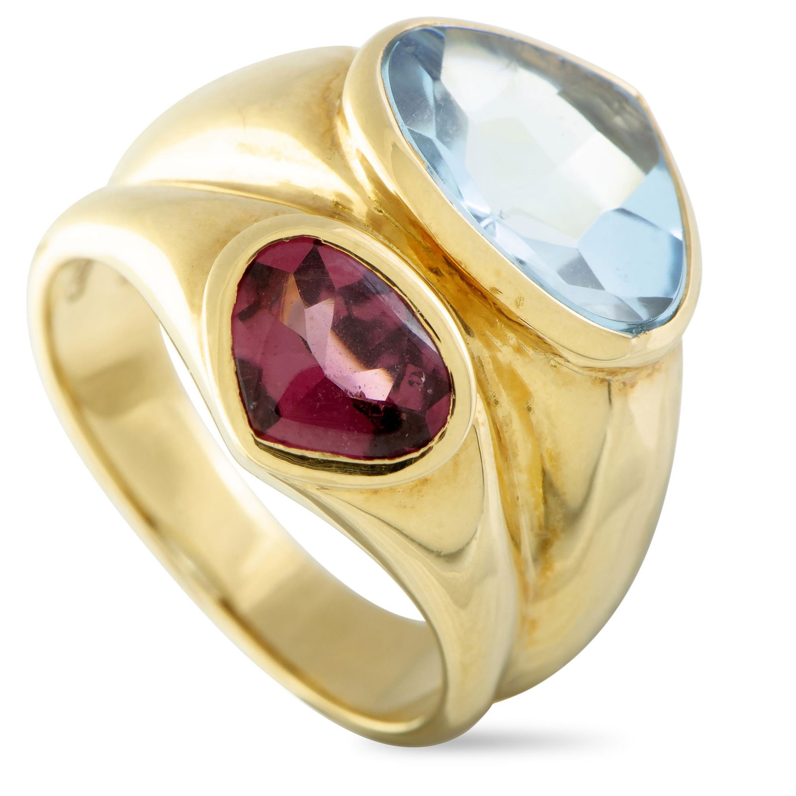 Antonini 18K YG Topaz Pink Tourmaline Ring Size 5.25: Tastefully contrasting, vividly colorful, and charmingly alluring, the splendid topaz and fabulous pink tourmaline are intriguingly shaped and expertly set against the unblemished exuberance of 18K ye