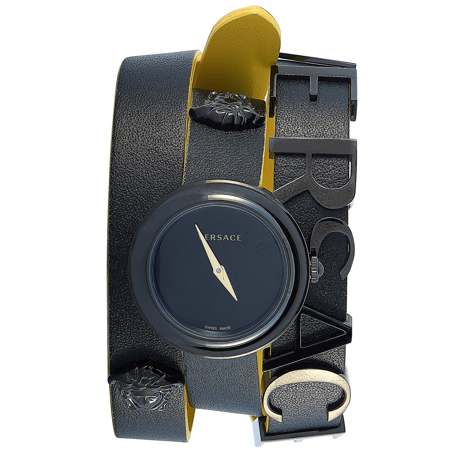 Versace VFlare Black Double Wrap Watch VEBN00518: The Versace VFlare watch, reference number VEBN00518, comes with a 28 mm black ionplated stainless steel case that offers water resistance of 30 meters. The case is presented on a black leather strap