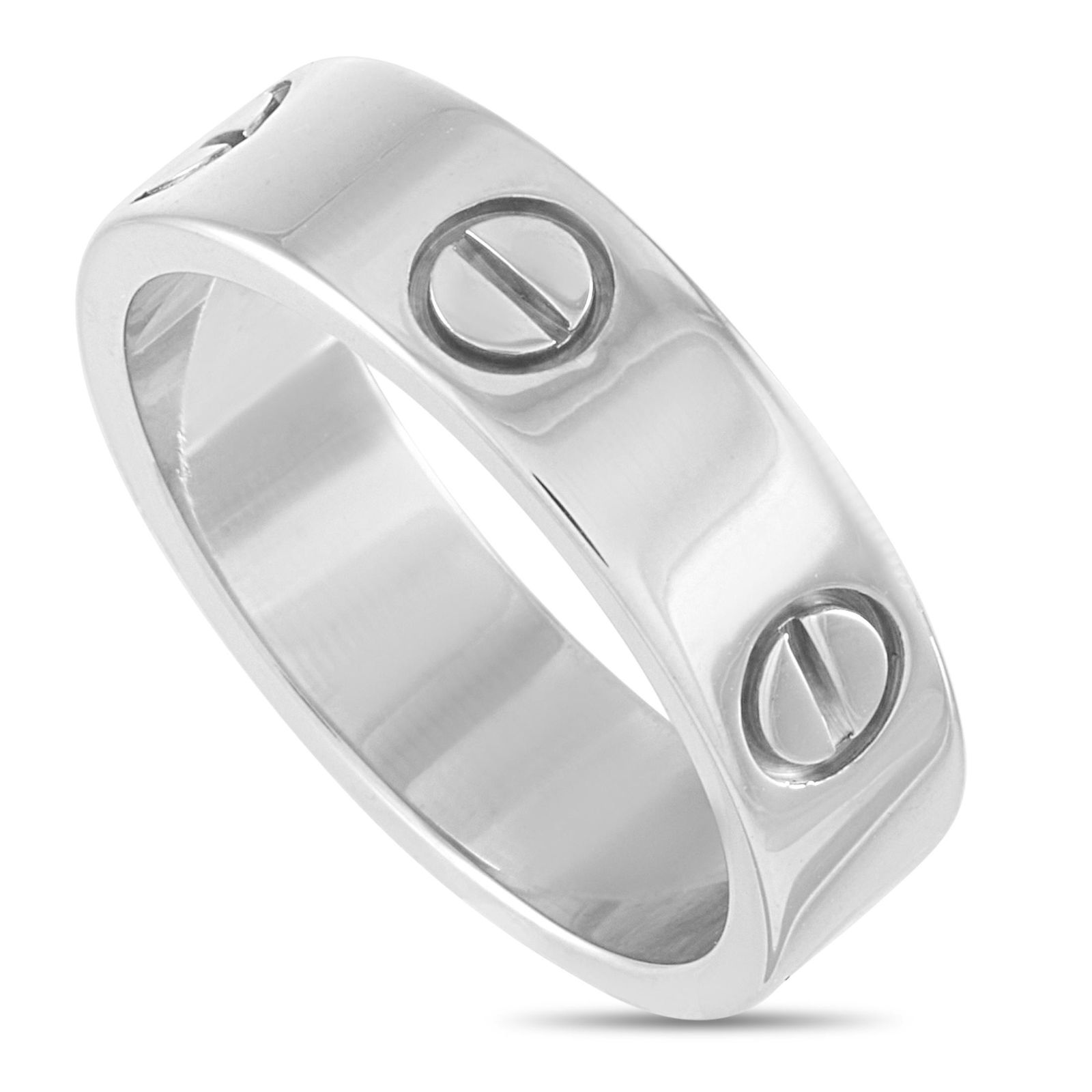 Cartier LOVE 18K White Gold Ring Size 5.0: The Cartier LOVE ring is made of 18K white gold and features the iconic screw motifs. The ring boasts a band thickness of 5 mm. This item is offered in estate condition and includes the manufacturers