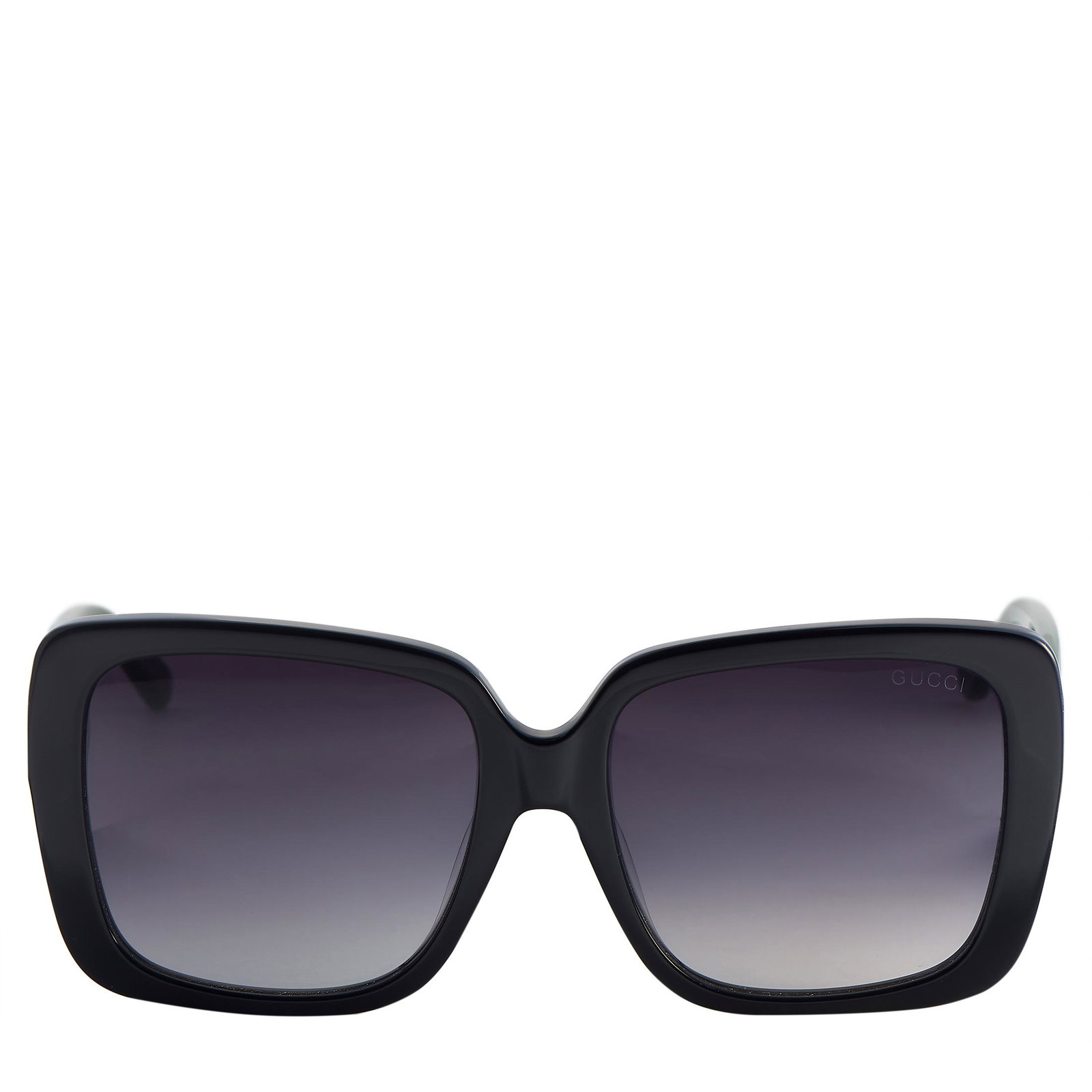 Gucci BlackGreenRed Oversized Square Sunglasses GG0786: Complete your look with these stylish sunglasses, designed by Gucci in Italy! The squareshaped sunglasses have gray gradient lenses, a black frame, and colorful arms that feature the Gucci logo in gol