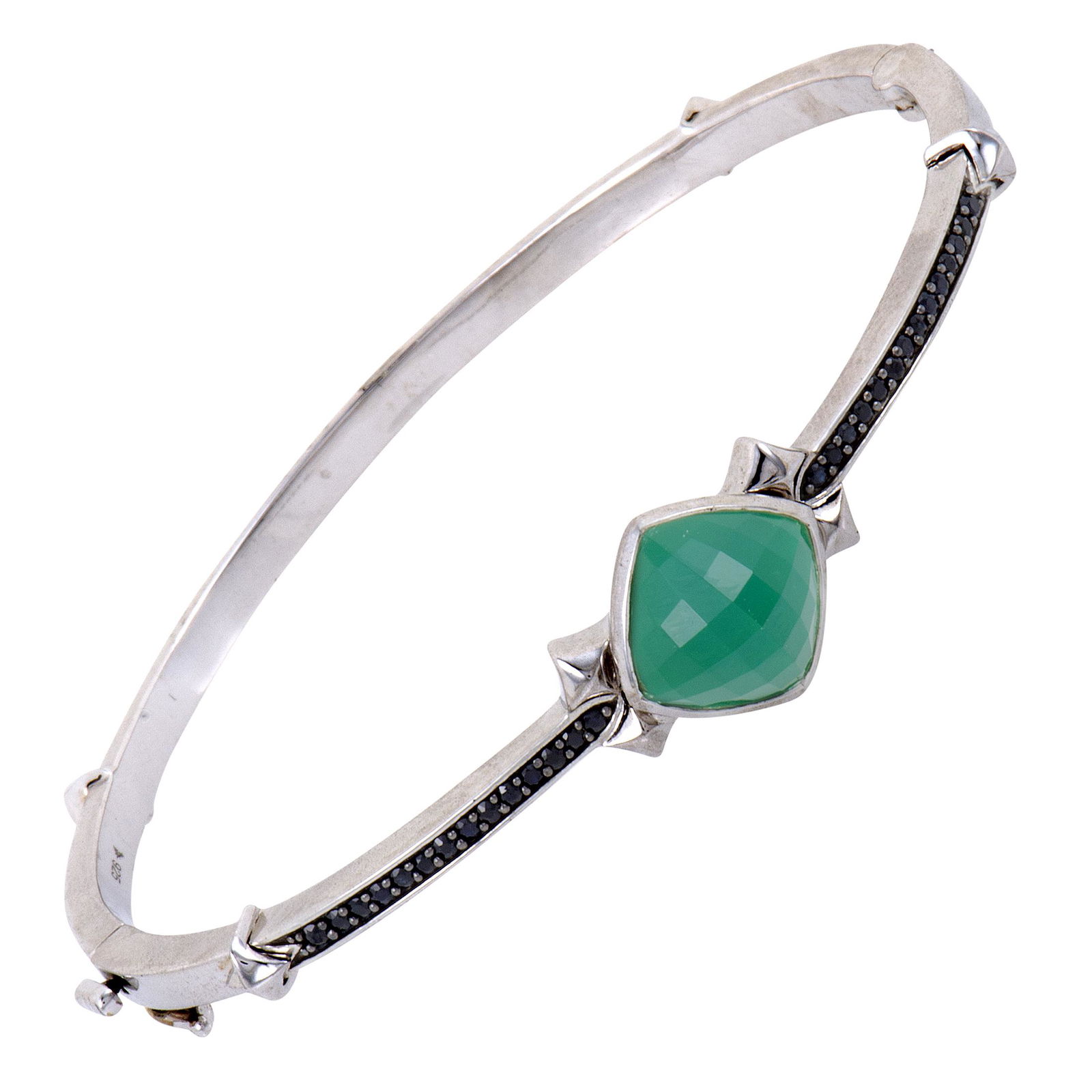 Stephen Webster Silver Black Quartz Bangle: Lined along the slim shape of splendid white rhodiumplated silver, the exquisitely set black spinels totaling 0.27ct lead the eye up to the marvelous synthesized chrysoprase and quartz in this excepti