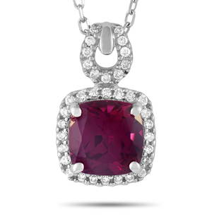 14K WG 0.12 ct Diamond / Rhodolite Garnet Pendant: This necklace is crafted from 14K white gold and weighs 3.2 grams. It is presented with a 15 chain and a pendant that measures 0.60 in length and 0.37 in width. The necklace is embellished with a