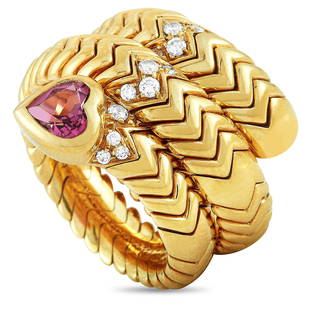 Bvlgari Spiga Serpent 18K YG Diamond Ring - Size 9.0: The Bvlgari Spiga ring is made of 18K yellow gold and set with diamonds and a pink tourmaline. The ring weighs 22.5 grams, boasting band thickness of 10 mm and top height of 4 mm, while top