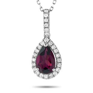 14K WG 0.33 ct Diamond / Rhodolite Garnet Pendant: This necklace is made of 14K white gold and weighs 3.1 grams. It is presented with a 15 chain and a pendant that measures 0.85 in length and 0.37 in width. The necklace is embellished with a