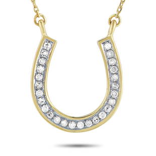 14K Yellow Gold 0.09 ct Diamond Horseshoe Pendant: This necklace is made of 14K yellow gold and embellished with diamonds that amount to 0.09 carats. The necklace weighs 2.3 grams and boasts an 18 chain and a horseshoe pendant that measures 0.50 in