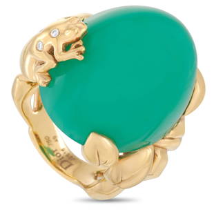 Dior Gourmande Grenouille 18K YG .04ct Diamond Ring -: The Dior Gourmande Grenouille ring is crafted from 18K yellow gold and set with a 40.00 ct chrysoprase and a total of 0.04 carats of diamonds. The ring weighs 17 grams and boasts band thickness of 10