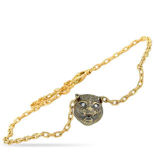 Gucci LMDM 18K YG Diamond, Jade Feline Motif Bracelet -: The Gucci LMDM bracelet is crafted from 18K yellow gold and set with a jade and three diamond stones. The jade weighs approximately 1.45 carats and the diamonds boast GH color and VVS clarity and