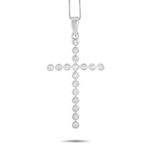 14K White Gold 0.15 ct Diamond Cross Necklace: This modern 14K White Gold 0.15 ct Diamond Cross Necklace is made with an 14K white gold chain and features a white gold cross pendant bezel set with 0.15 carats of round cut diamonds. The delicate