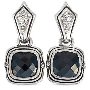 Scott Kay Silver Diamond Onyx Dangle Earrings: These Scott Kay earrings are made of sterling silver and embellished with onyxes and a total of 0.10 carats of diamonds. The earrings measure 1 in length and 0.45 in width and each of the two weighs