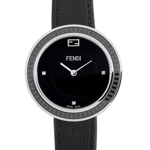 Fendi My Way Black Stainless Steel Watch: The Fendi My Way watch, reference number F352031011, boasts a 36 mm stainless steel case fitted with a black ceramic bezel. The case is presented on a black leather strap, secured on the wrist with a