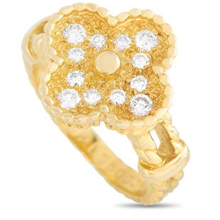 Van Cleef & Arpels Alhambra 18K YG Ring - 6.0: This pretty Van Cleef & Arpels Alhambra 18K Yellow Gold Diamond Ring is made with 18K yellow gold forming a braided band and coming together in an Alhambra motif set with round diamonds. The inside