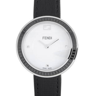 Fendi My Way Stainless Steel Quartz Watch: The Fendi My Way watch, reference number F352034011, boasts a 36 mm stainless steel case fitted with a black ceramic bezel. The case is presented on a black leather strap, secured on the wrist with a