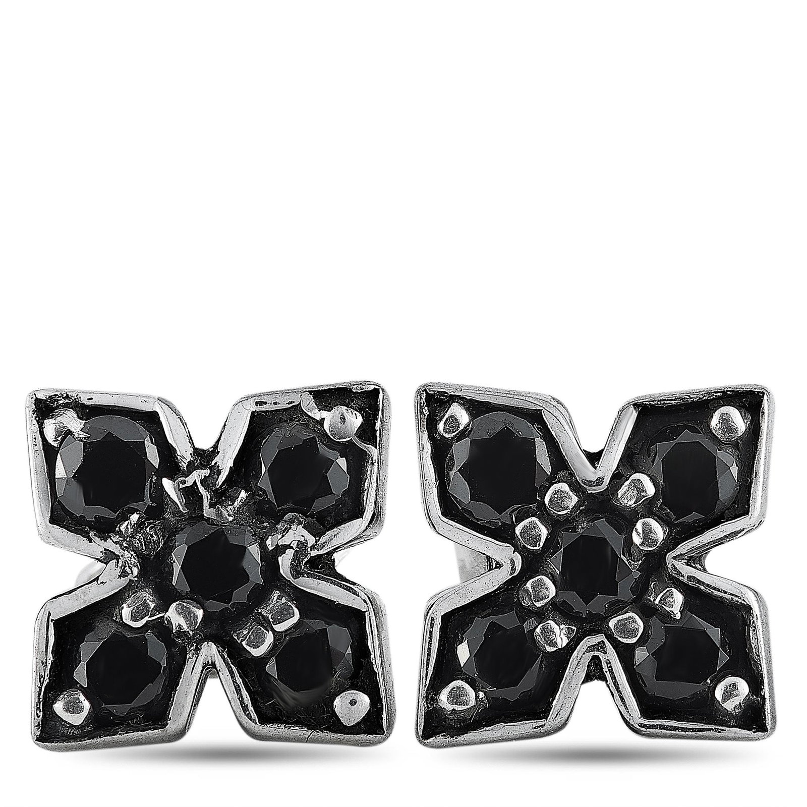 King Baby Silver Black Cubic Zirconia Earrings: These King Baby MB cross earrings are made of silver and embellished with black cubic zirconia. The earrings measure 0.25 in length and 0.25 in width, and each of the two weighs 1.2 grams. The pair is