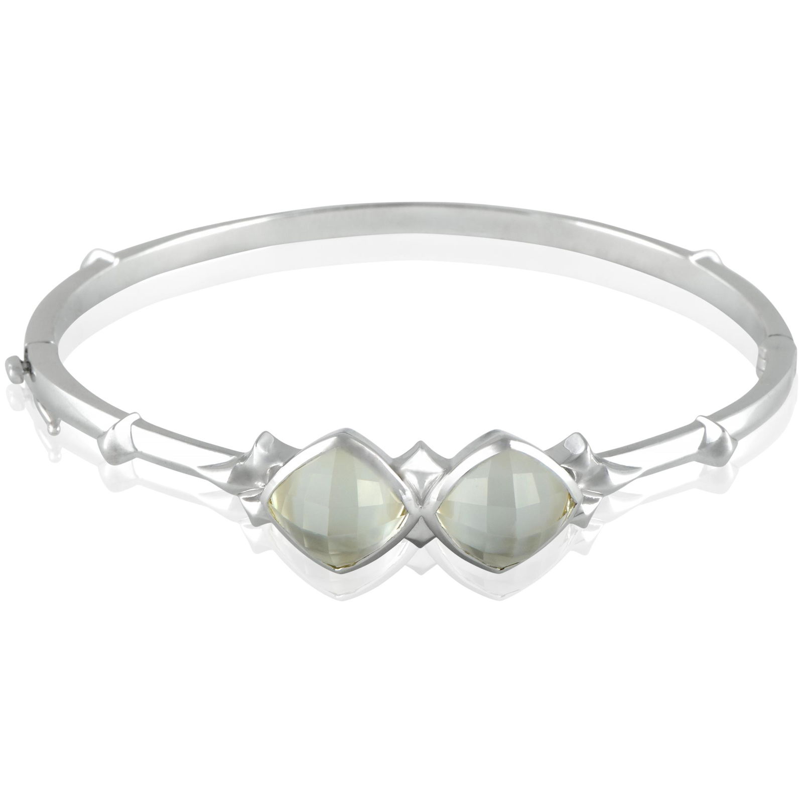 Stephen Webster Superstud Silver Bracelet: Remarkably cut white quartz and splendid mother of pearl fit perfectly into the wonderfully bright overall tone of this astounding bangle from Stephen Webster's quotSuperstudquot collection made of wh