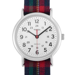 3 Pack - Timex Weekender Plaid Watch: This is the Timex Weekender, reference number TW2R10900. The watch is presented with a 38 mm silvertone brass case that features stainless steel back. The case is waterresistant to 30 meters and