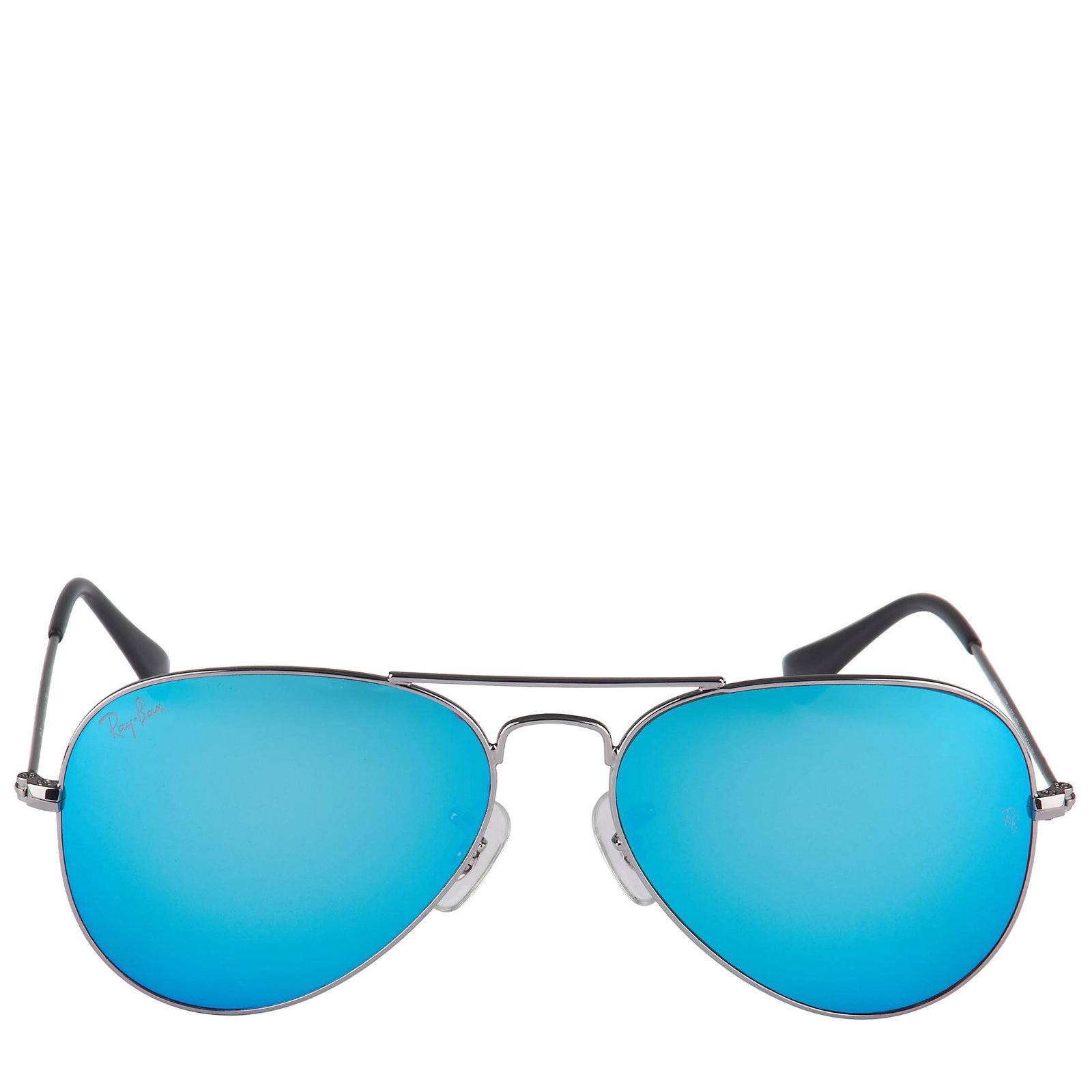 RayBan Aviator Metal Sunglasses RB3025: Bright blue lenses elevate this iconic pair of RayBan Aviator Classic Metal Sunglasses. A timeless, unisex style that draws inspiration from classic aviation accessories, black temple tips on the slee