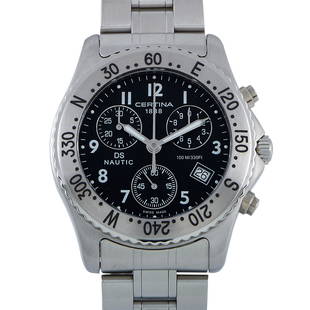 Certina DS Nautic Chronograph Men's Watch: The Certina DS Nautic watch, reference number C54271184269, is presented with a stainless steel case that boasts a unidirectional rotating stainless steel bezel with compass markings. The case