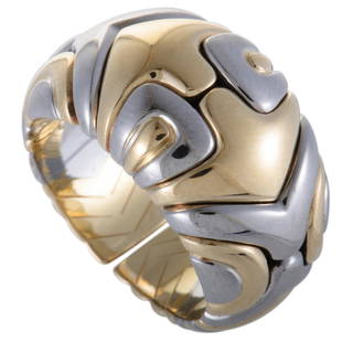 Bvlgari Alveare 18K YG Steel Band Ring Size 6.0: Featuring a fashionably offbeat design, this splendid ring by Bulgari boasts a nifty feel of prestigious elegance. The uniquely gorgeous ring is made in a stunning combination of glistening 18K