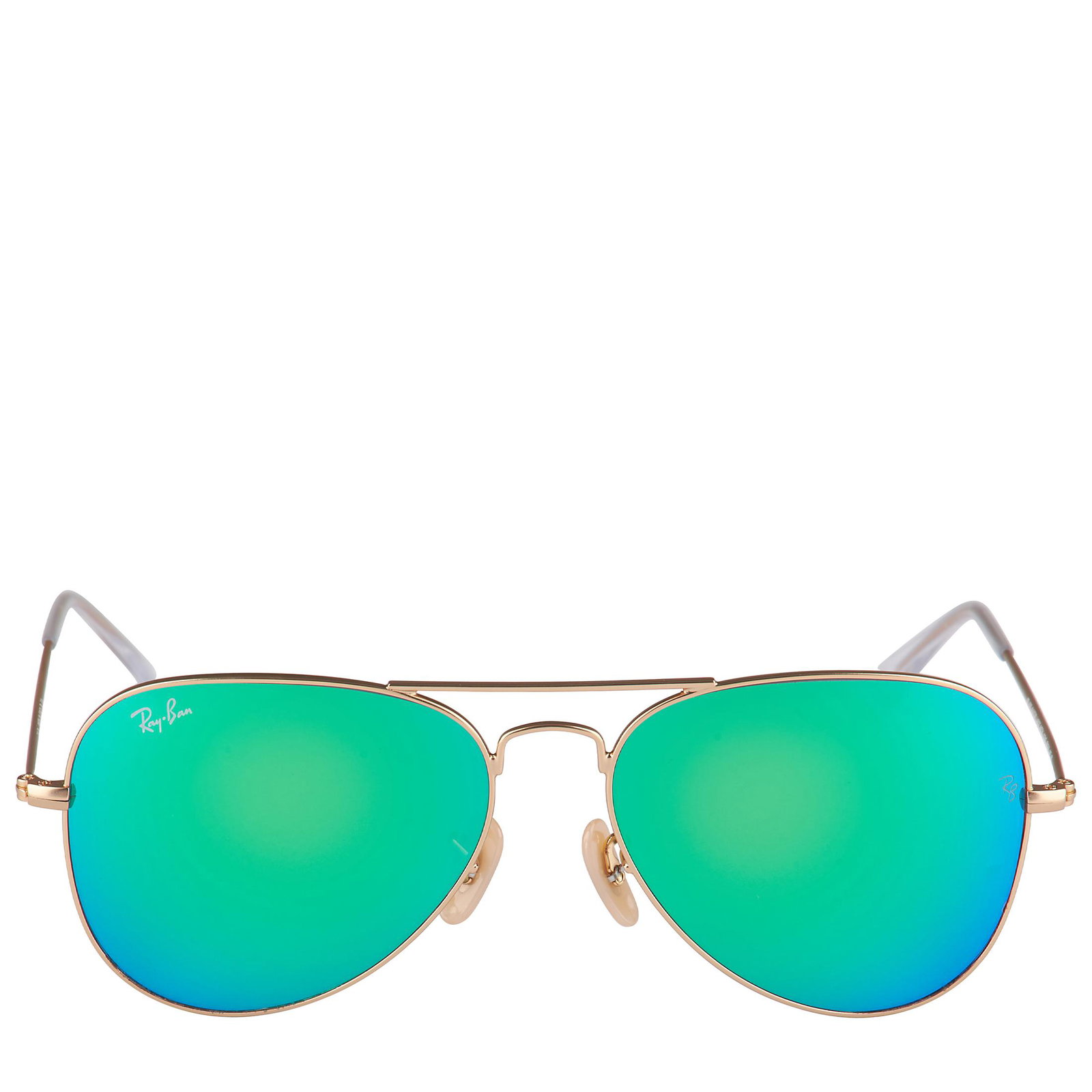 RayBan Aviator Gold Metal Sunglasses RB3025: Green flash lenses put a contemporary twist on these classic RayBan Aviator Gold Metal Sunglasses. A timeless unisex design that will never go out of style, they perfectly pair an exciting pop of colo