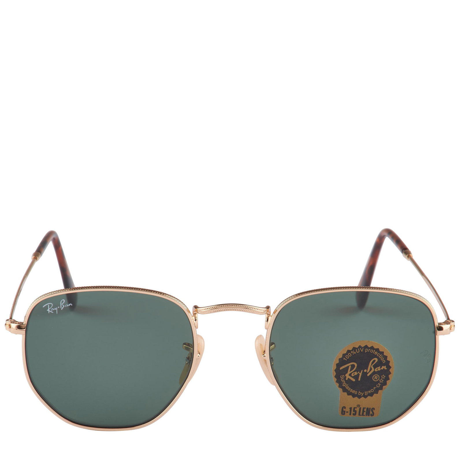 RayBan Hexagonal Gold Metal Sunglasses RB3548N: It doesnt get any more iconic than these fresh, timeless RayBan Hexagonal Gold Metal Sunglasses. The classic green lenses add extra edge and attitude to this ultracool design, which comes to life than