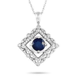 14K WG .25ct Diamond Sapphire Pendant Necklace: This necklace is made of 14K white gold and weighs 3 g. It is presented with an 18 chain and a pendant that measures 0.50 in length and 0.50 in width. The necklace is embellished with a sapphire and