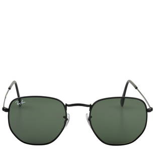 RayBan Hexagonal Black Metal Sunglasses RB3548N: These Rayban Hexagonal sunglasses are presented in black metal, boasting hexagonal frames and green lenses. The sunglasses feature lens size of 51 mm and bridge length of 21 mm, while the arms