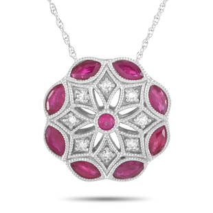 14K WG .08 ct Diamond, Ruby Necklace: This necklace is made of 14K white gold and embellished with rubies and a total of 0.08 carats of diamonds. The necklace weighs 2.5 g and boasts a 17 chain and a round pendant that measures 0.63 in