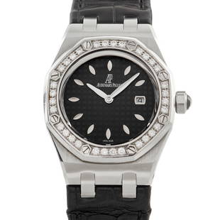 Audemars Piguet Royal Oak Ladies Watch: This Audemars Piguet Royal Oak Ladies Gemset Quartz Steel watch features a 33mm stainless steel case, black waffle dial, diamond bezel featuring 32 .65 ct. diamonds, and a mattefinished black