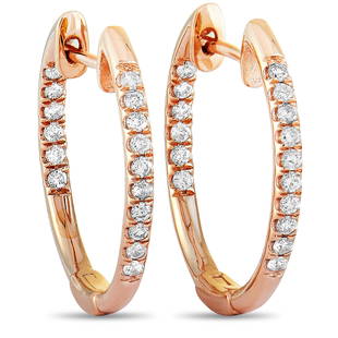 14K Rose Gold 0.25 ct Diamond Pave Hoop Earrings: These hoop earrings are made out of 14K rose gold and diamonds that total 0.25 carats. The earrings measure 0.73 in length and 0.72 in width, and each of the two weighs 1.05 g. The pair is offered