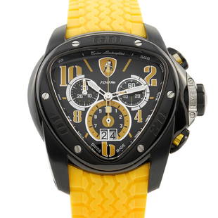 Tonino Lamborghini Spyder Chronograph Watch: This Tonino Lamborghini Spyder Watch, reference number 126BBYSP, features a stainless steel case presented on a vibrant yellow rubber strap that secures with a deployment clasp bearing the