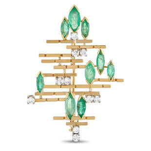 18K Yellow Gold 0.70 ct Diamond and Emerald Brooch: This classy brooch is a unique piece. The asymmetrical setting is made from 18K yellow gold and set with a handful of round diamonds totaling 0.70 carats, and approximately 4.50 carats of emeralds.